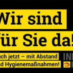 Ein Handwerker hält einen Schraubendreher. Text: „Wir sind für Sie da! Hygiene und Abstand!“